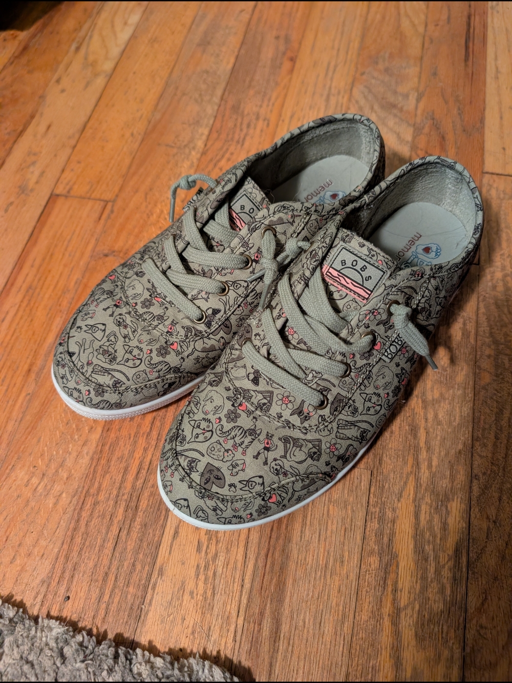 Sketchers Bob's Olive Canvas Sneakers with Black Doodles Of Dog And Cat